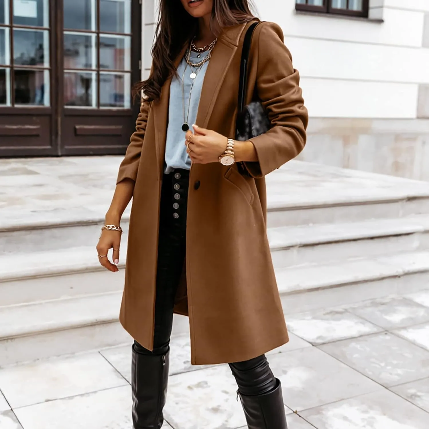 Women's Notched Lapel Wool Coat Single Breasted Pea Coat Winter Wool Blend Blazer Jacket Fashion Work Solid Overcoat