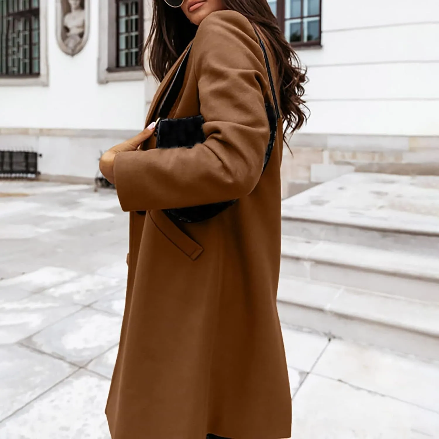 Women's Notched Lapel Wool Coat Single Breasted Pea Coat Winter Wool Blend Blazer Jacket Fashion Work Solid Overcoat