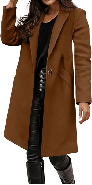 Women's Notched Lapel Wool Coat Single Breasted Pea Coat Winter Wool Blend Blazer Jacket Fashion Work Solid Overcoat