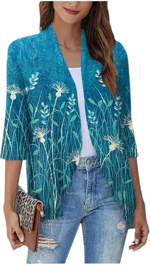 Womens Open Front Cardigan Lightweight Retro Print Cardigans 3/4 Sleeve Blouse Tops Coat Casual Duster Jackets