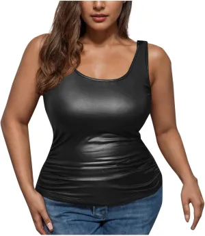 Women's Plus Size Faux Leather Slim Fit Tank Top Round Neck Sleeveless Shirts Going Out Streetwear Party Clubwear
