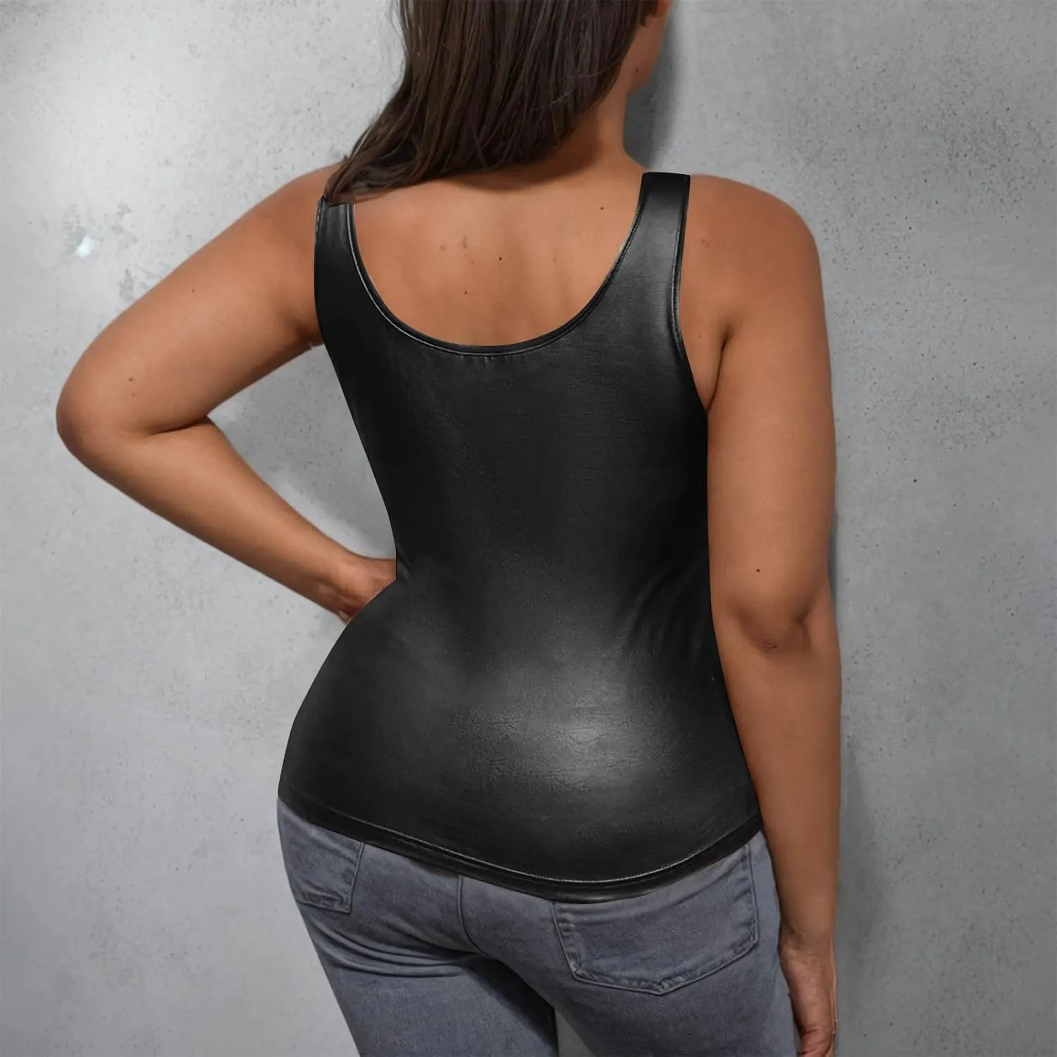 Women's Plus Size Faux Leather Slim Fit Tank Top Round Neck Sleeveless Shirts Going Out Streetwear Party Clubwear
