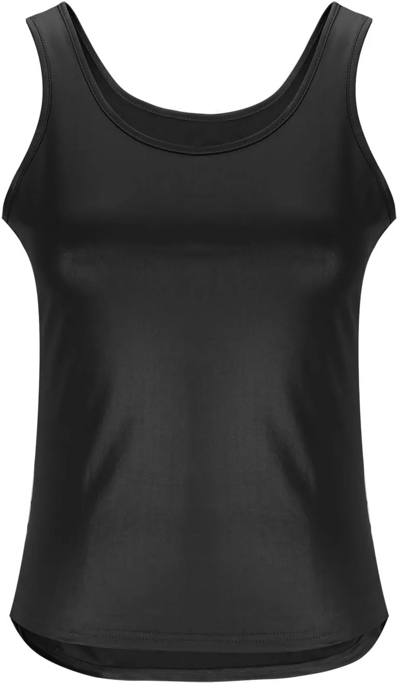 Women's Plus Size Faux Leather Slim Fit Tank Top Round Neck Sleeveless Shirts Going Out Streetwear Party Clubwear
