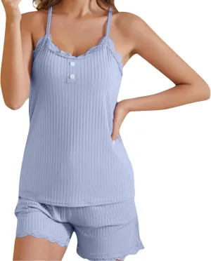 Womens Ribbed Pajama Lounge Set Button Up Casual Camisole Shorts Nightwear Waffle Knitted Pjs Set Lingerie