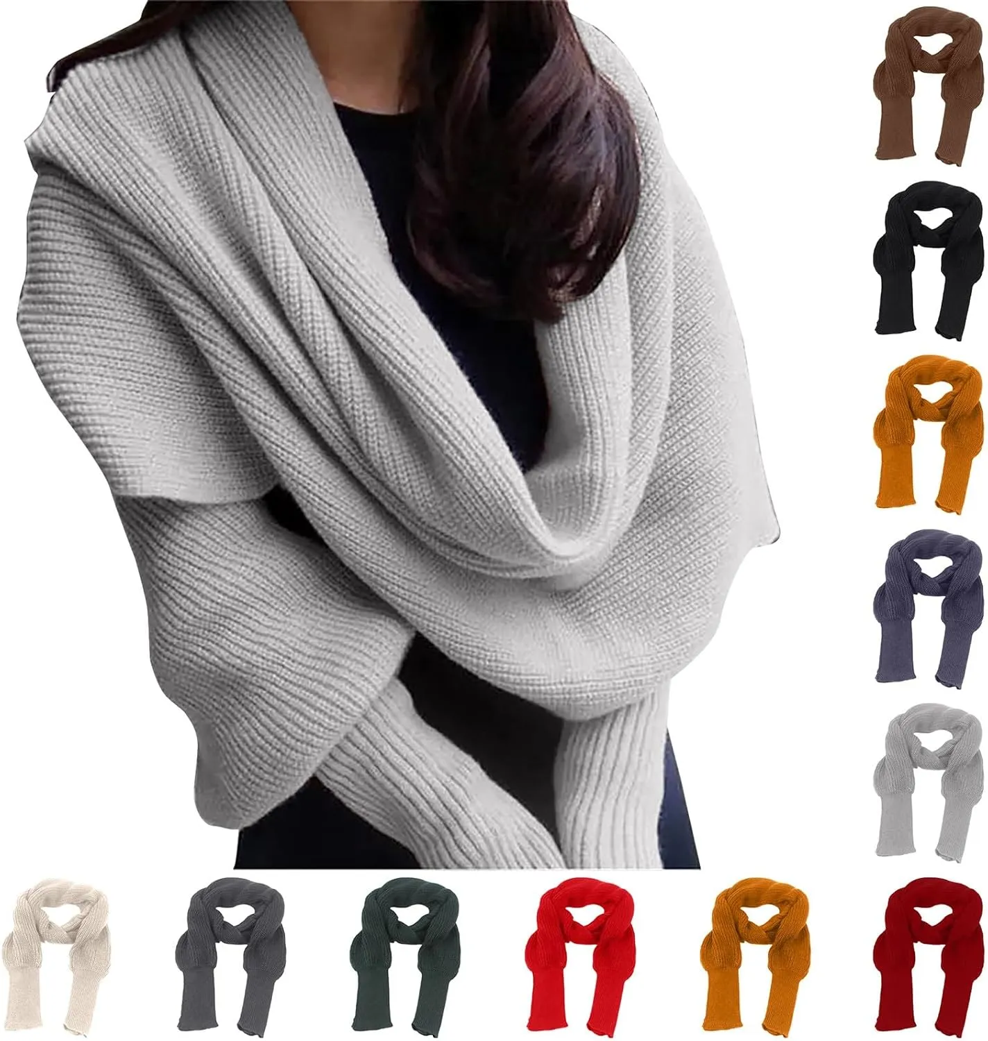 Womens Scarf with Sleeves Winter Cable Knit Sweater Tops Wrap Sweatshirts Soft Plus Size Shawel Warm Crochet Scarves