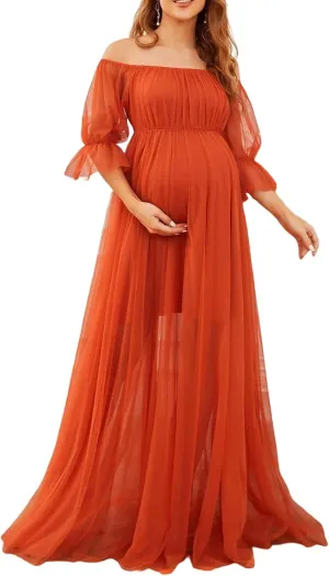 Women's Sheer Maternity Dress for Photoshoot Off Shoulder Short Sleeve Tulle Dress Pregnancy Evening Gowns
