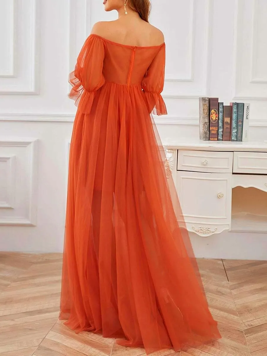 Women's Sheer Maternity Dress for Photoshoot Off Shoulder Short Sleeve Tulle Dress Pregnancy Evening Gowns