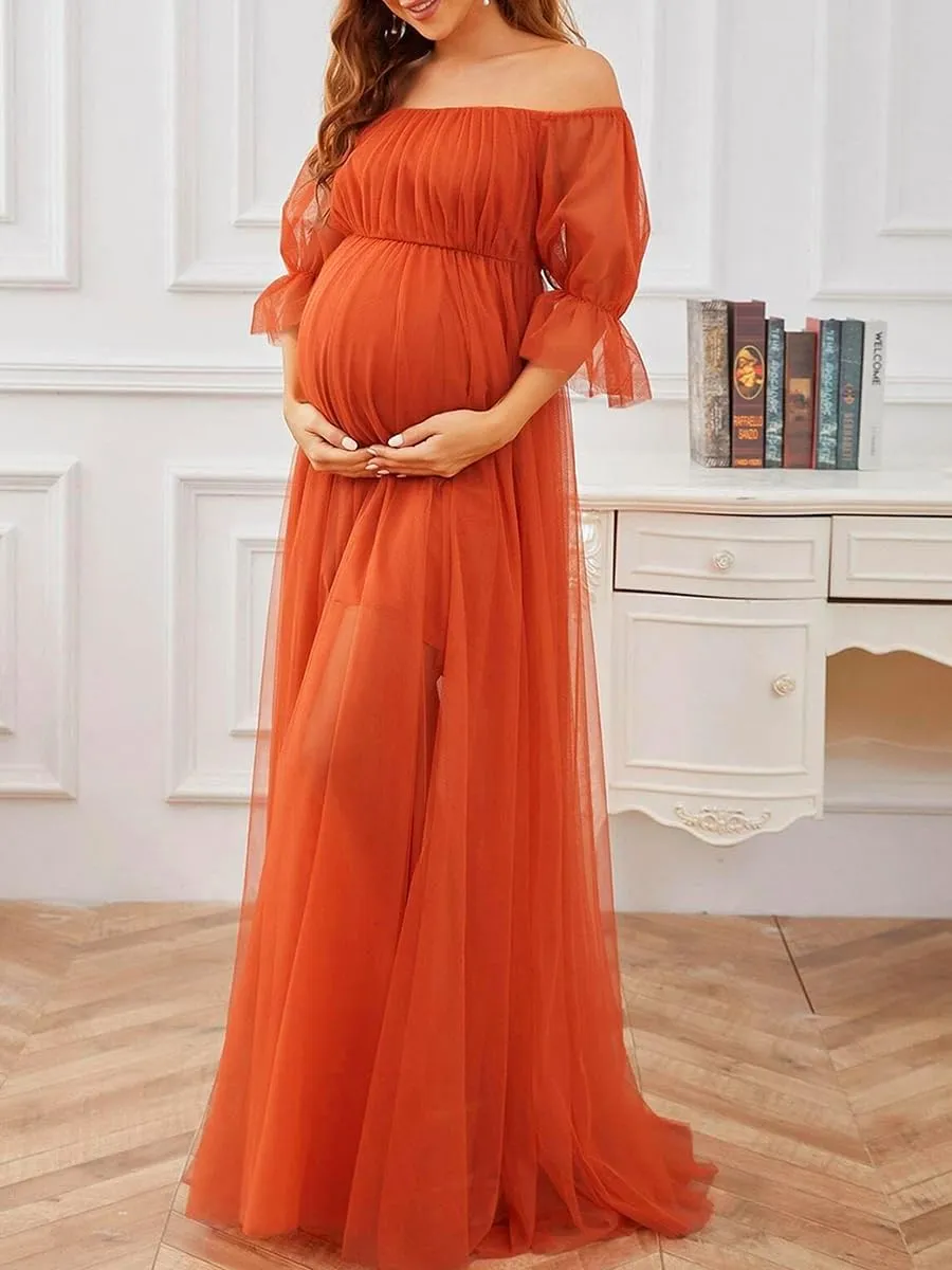 Women's Sheer Maternity Dress for Photoshoot Off Shoulder Short Sleeve Tulle Dress Pregnancy Evening Gowns