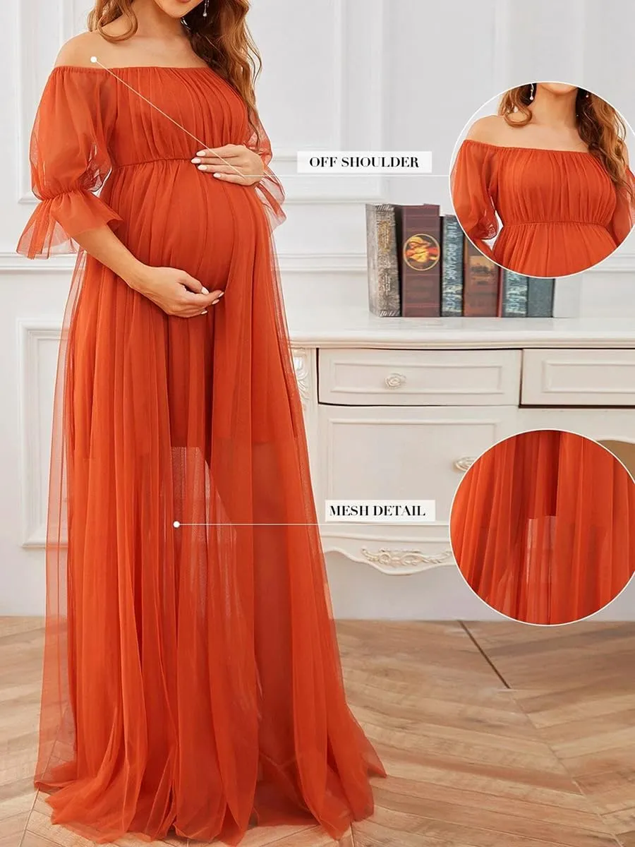 Women's Sheer Maternity Dress for Photoshoot Off Shoulder Short Sleeve Tulle Dress Pregnancy Evening Gowns