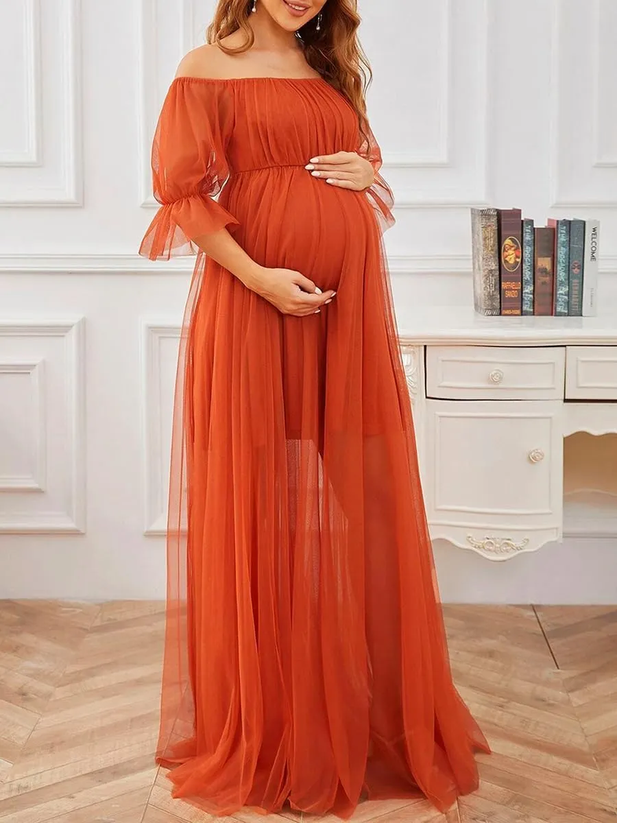 Women's Sheer Maternity Dress for Photoshoot Off Shoulder Short Sleeve Tulle Dress Pregnancy Evening Gowns