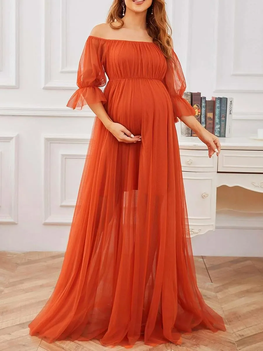 Women's Sheer Maternity Dress for Photoshoot Off Shoulder Short Sleeve Tulle Dress Pregnancy Evening Gowns