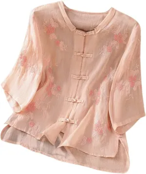Women's Short Sleeve Linen Shirts Casual V-Neck Oversized T-Shirts Solid Loose Fit Summer Tee Shirts