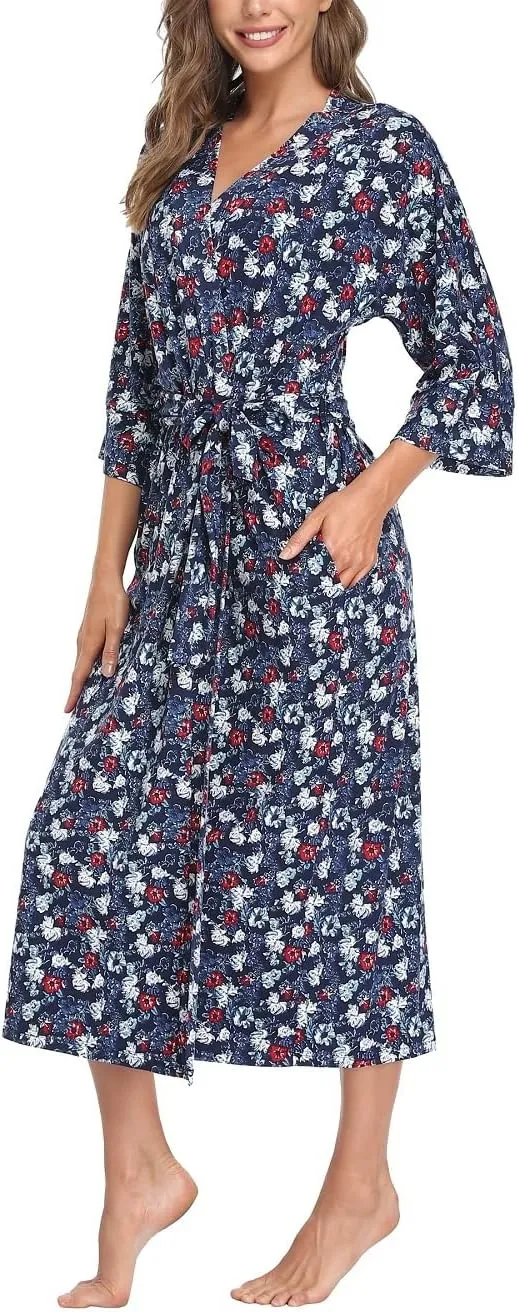 Women's Soft Robes Lightweight Kimono Loungewear Long Nightgown Knit Bathrobe Casual Sleepwear Pajamas with Pockets, SFloral navy s