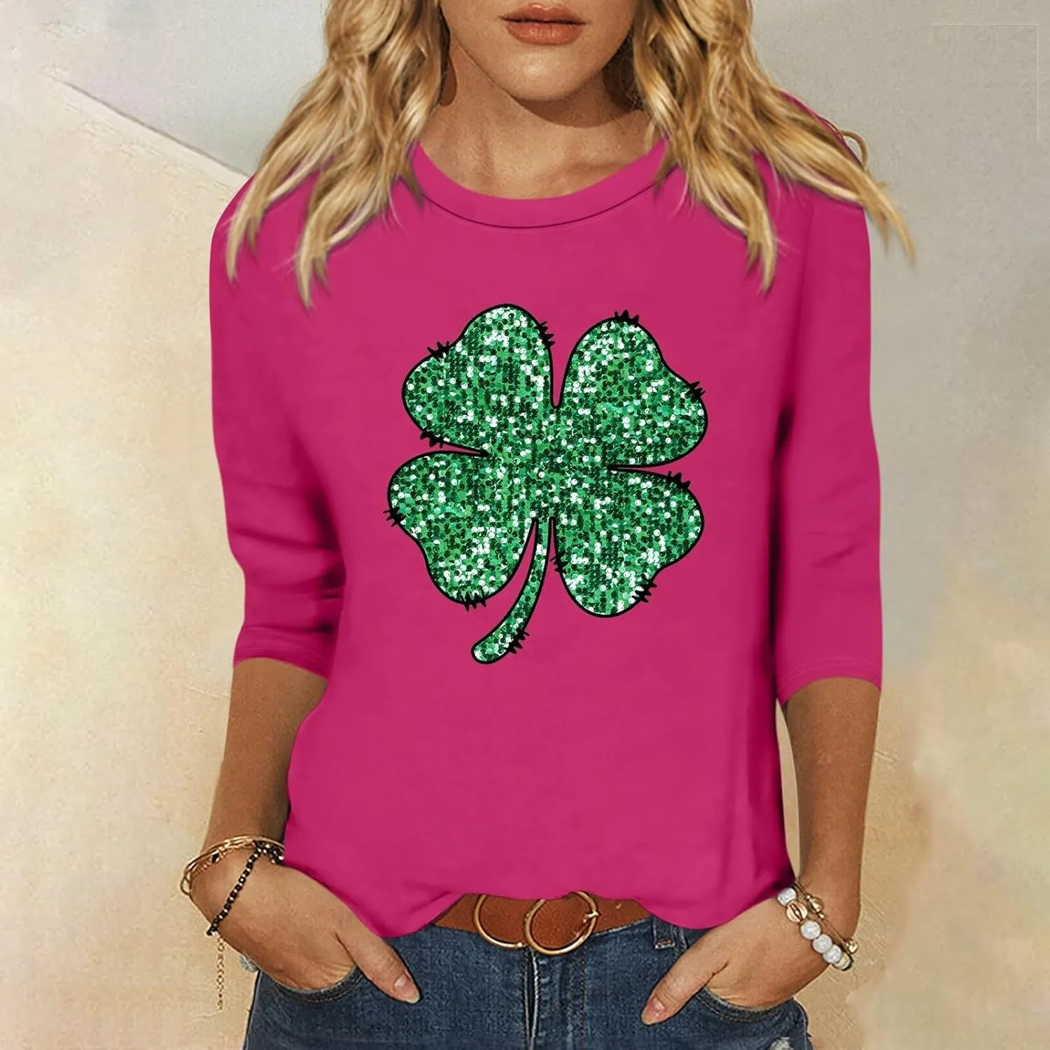 Womens St. Patrick's Day Shirts 3/4 Sleeve Green Shirts for Women Lucky,3/4 Sleeve Shirts for Women Cotton Fall T Shirts