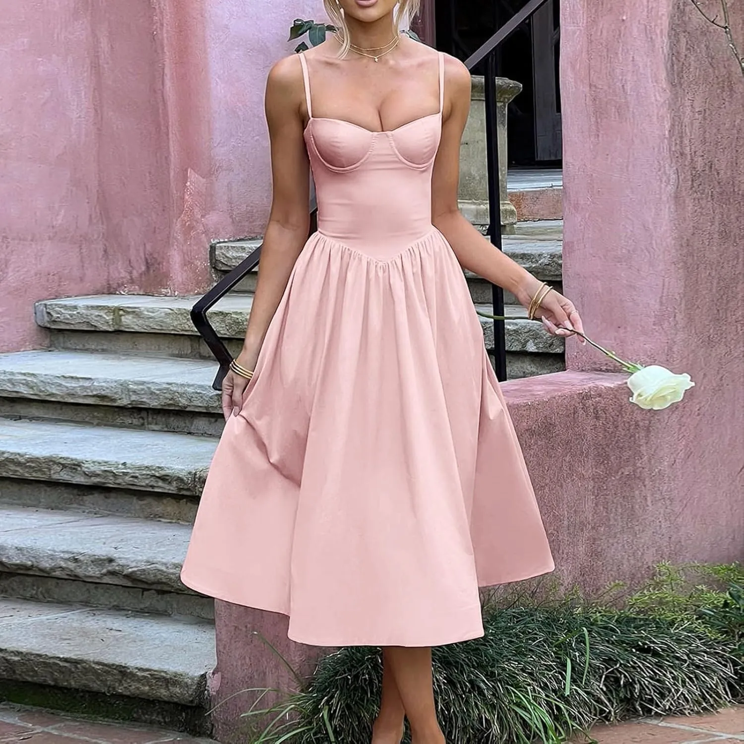 Women's Sweetheart Neck Formal Dresses Ruched Tie Back Sleeveless Hide Tummy Sundress Elegant Leg Length Wrap Midi Dress
