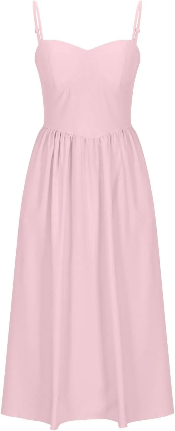 Women's Sweetheart Neck Formal Dresses Ruched Tie Back Sleeveless Hide Tummy Sundress Elegant Leg Length Wrap Midi Dress