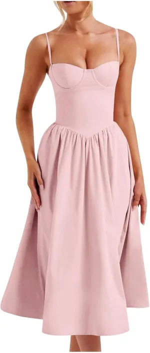 Women's Sweetheart Neck Formal Dresses Ruched Tie Back Sleeveless Hide Tummy Sundress Elegant Leg Length Wrap Midi Dress
