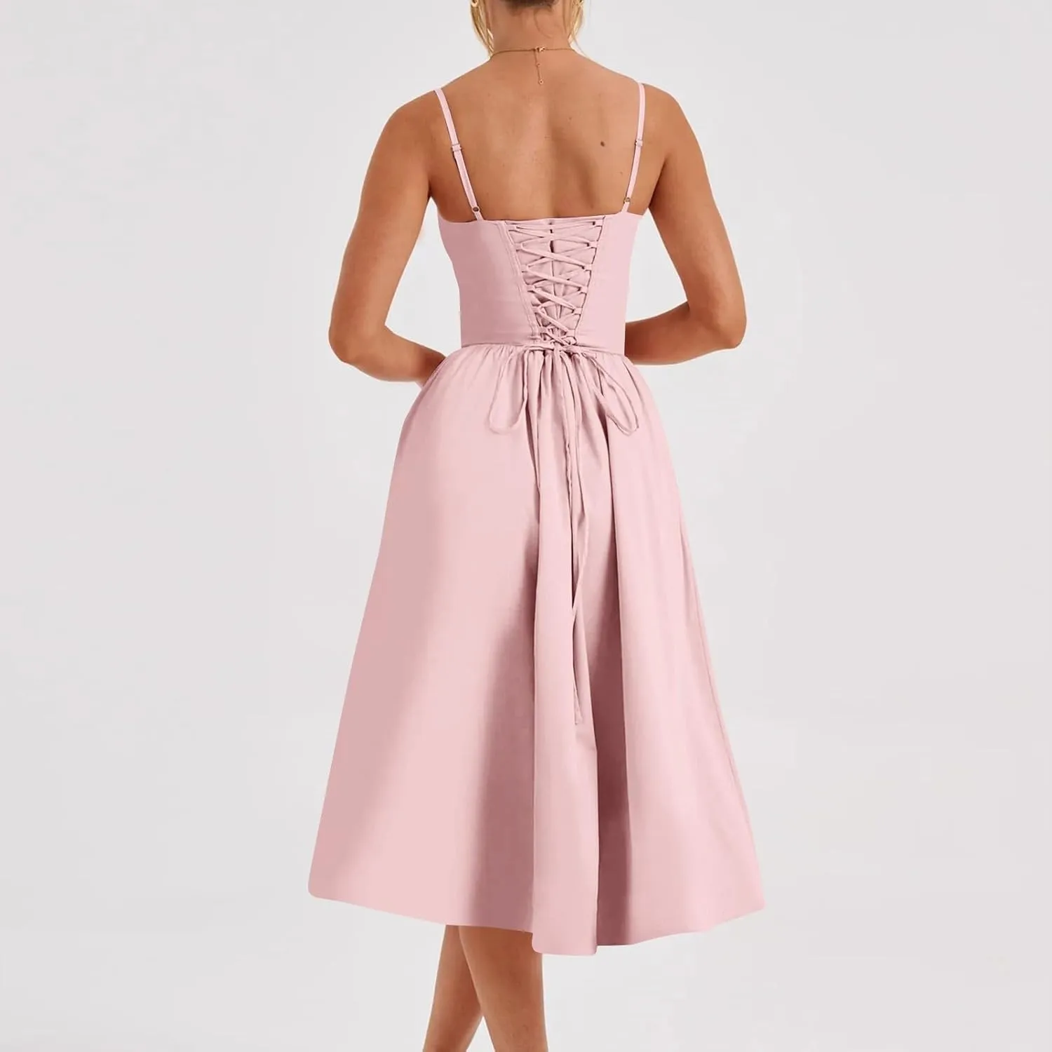 Women's Sweetheart Neck Formal Dresses Ruched Tie Back Sleeveless Hide Tummy Sundress Elegant Leg Length Wrap Midi Dress