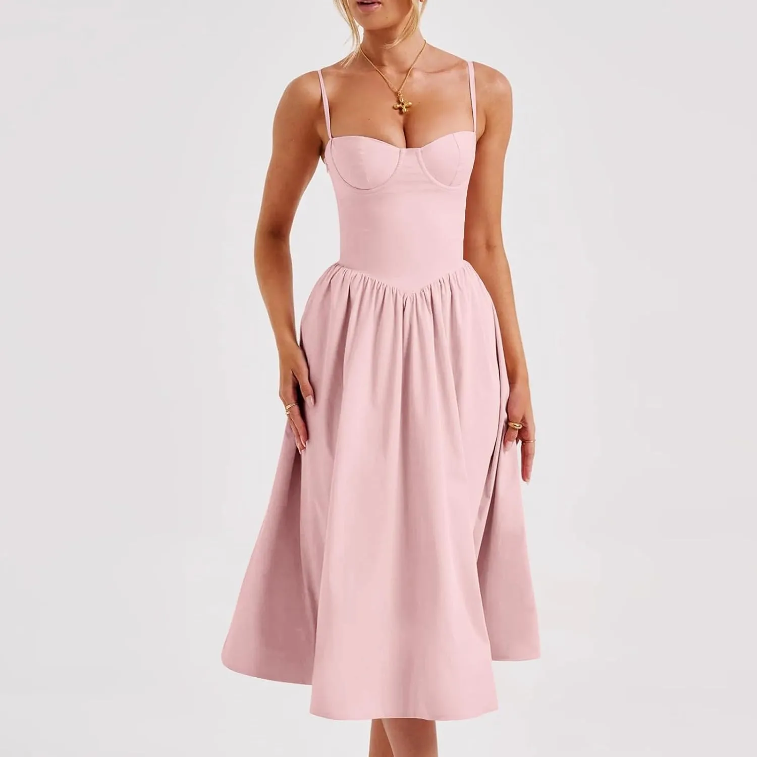 Women's Sweetheart Neck Formal Dresses Ruched Tie Back Sleeveless Hide Tummy Sundress Elegant Leg Length Wrap Midi Dress
