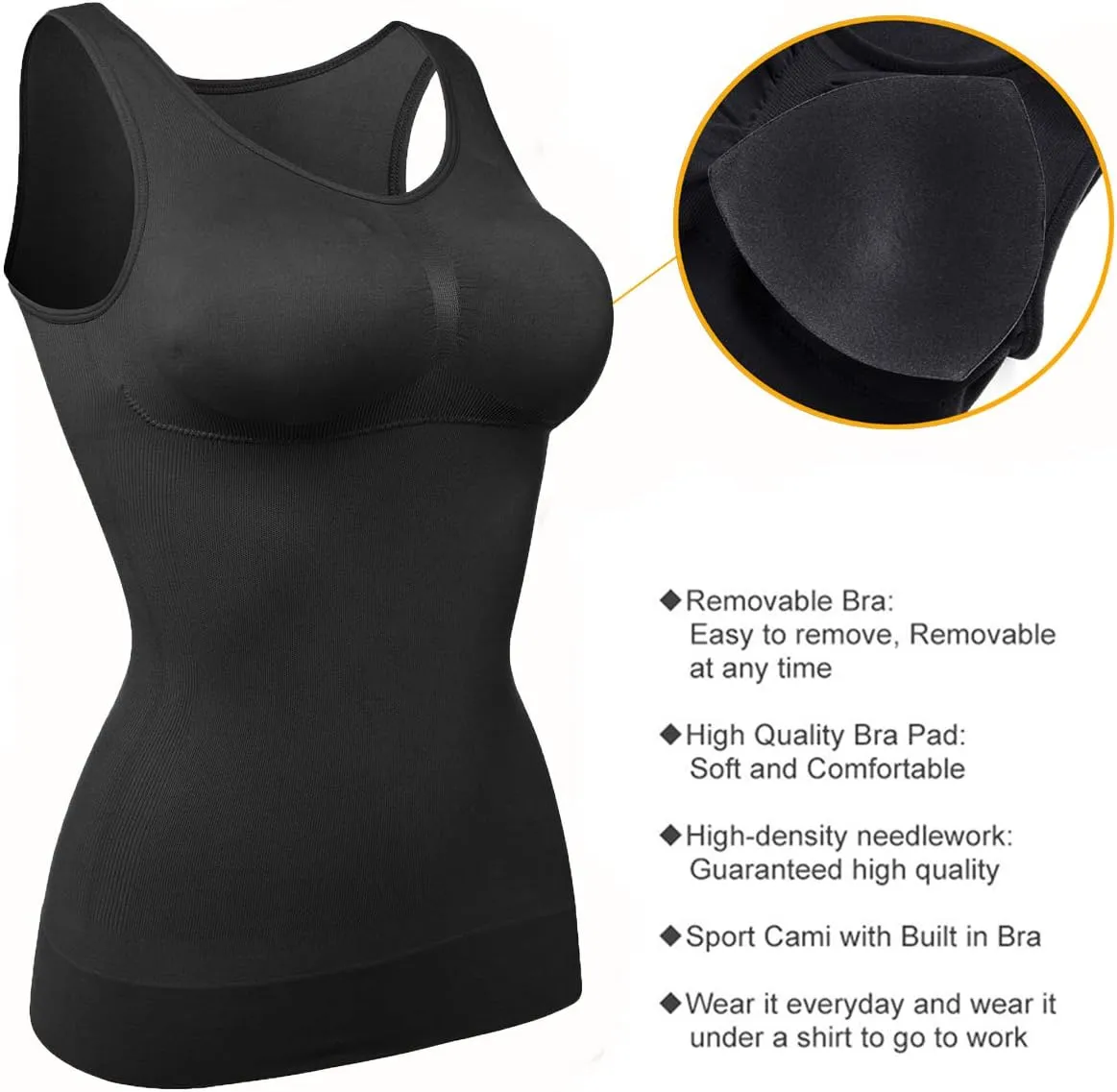 Womens Tank Tops Camisole with Built in Padded Bra Vest Cami Shelf Bra Casual Wide Strap Yoga Shirt