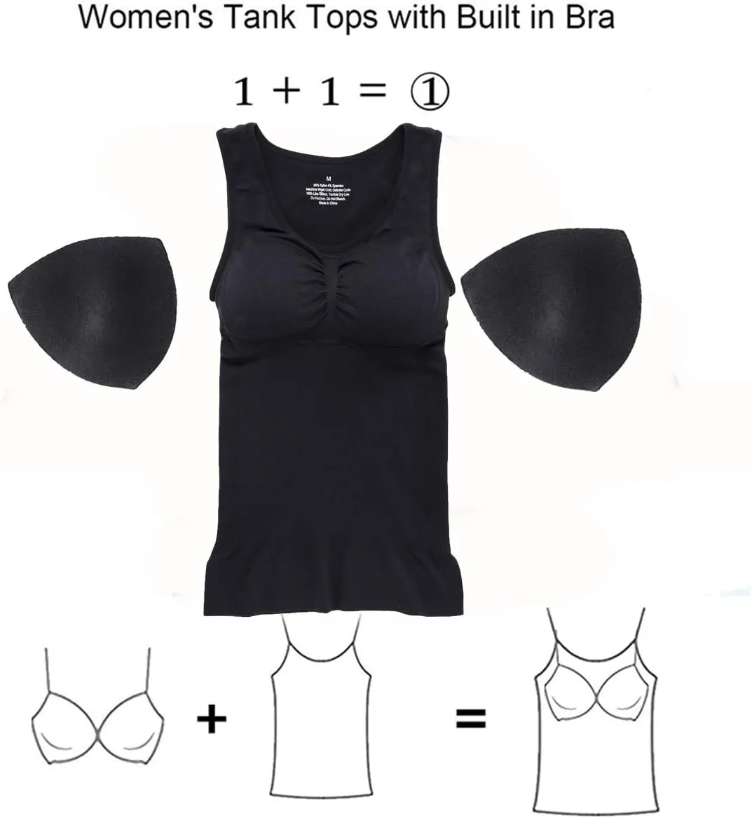 Womens Tank Tops Camisole with Built in Padded Bra Vest Cami Shelf Bra Casual Wide Strap Yoga Shirt
