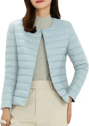 Women's Thin Down Jacket Classic Crewneck Puffer Solid Color Slim Fitting Coat 2023 Fall Winter Casual Comfy Thermal Outwear
