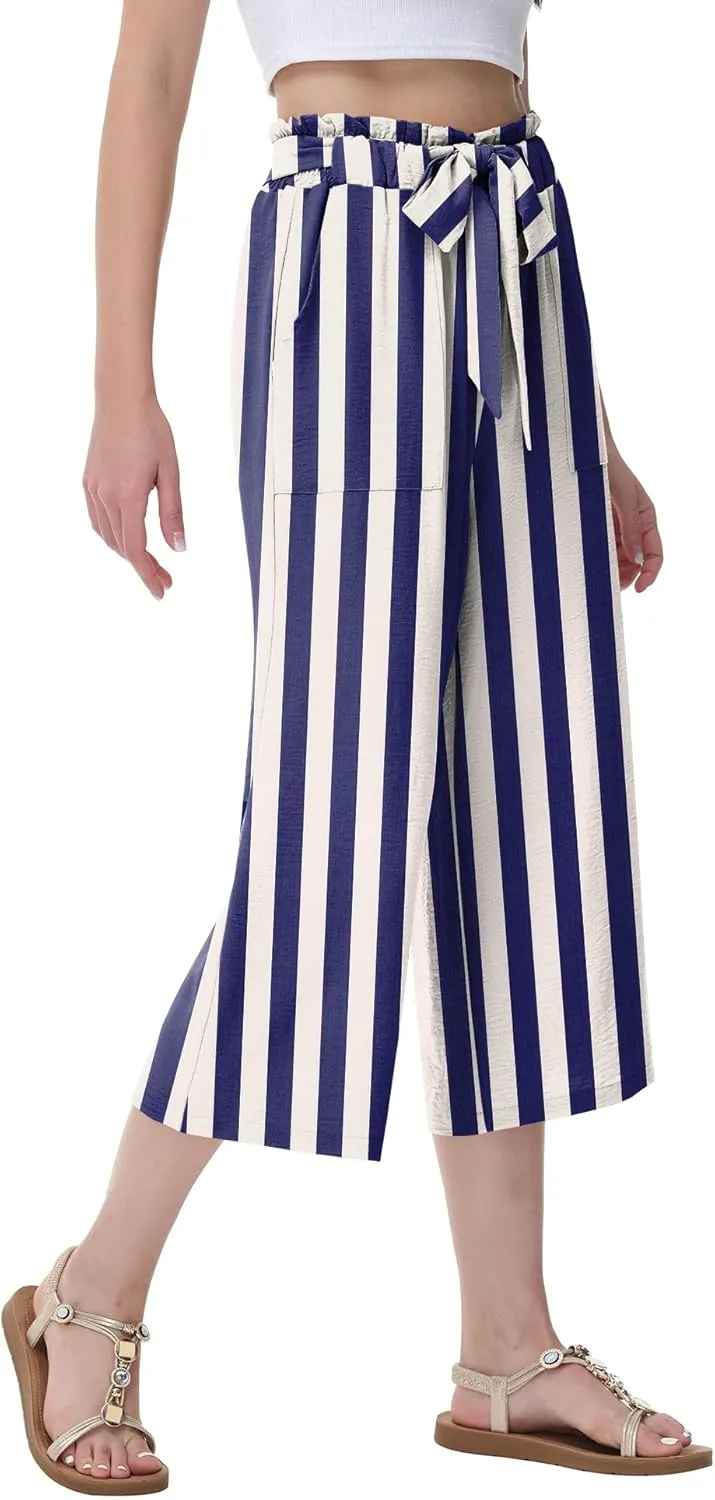 Women's Wide Leg Pants Capris Pants High Waist Casual Lounge Pants Adjustable Tie Business Casual Pants