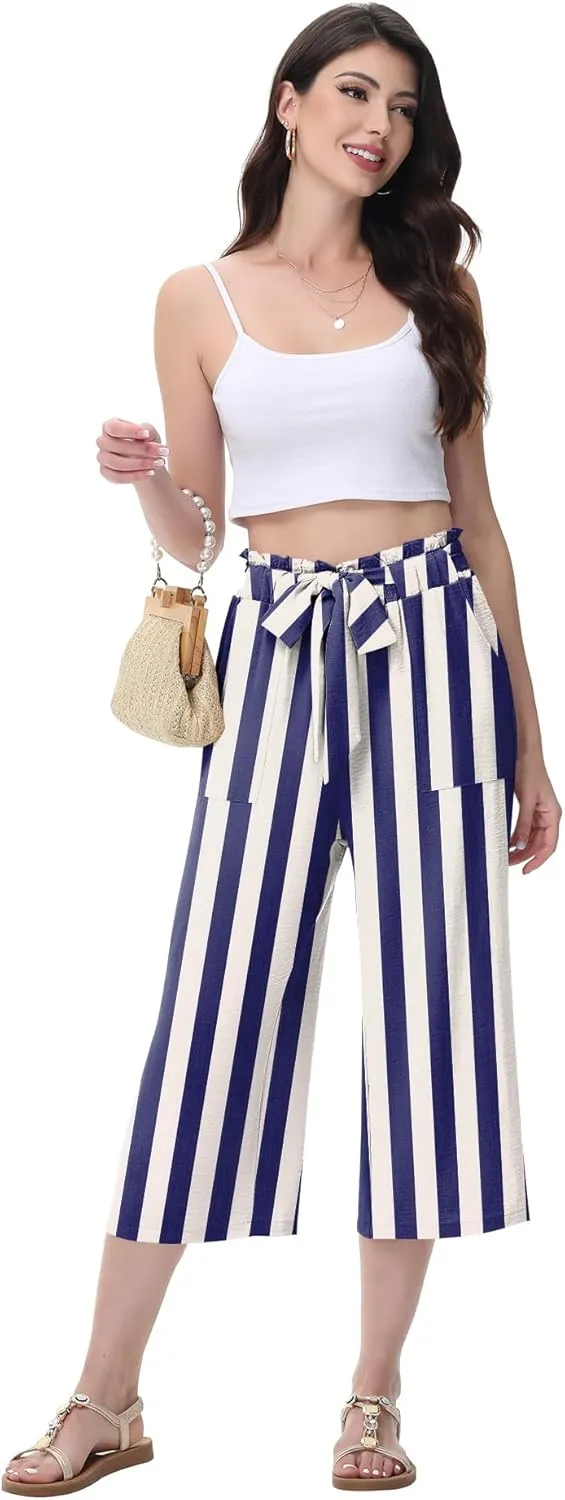 Women's Wide Leg Pants Capris Pants High Waist Casual Lounge Pants Adjustable Tie Business Casual Pants