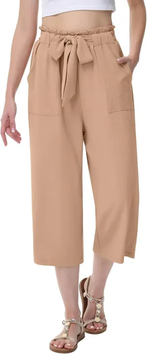 Women's Wide Leg Pants Capris Pants High Waist Casual Lounge Pants Adjustable Tie Business Casual Pants