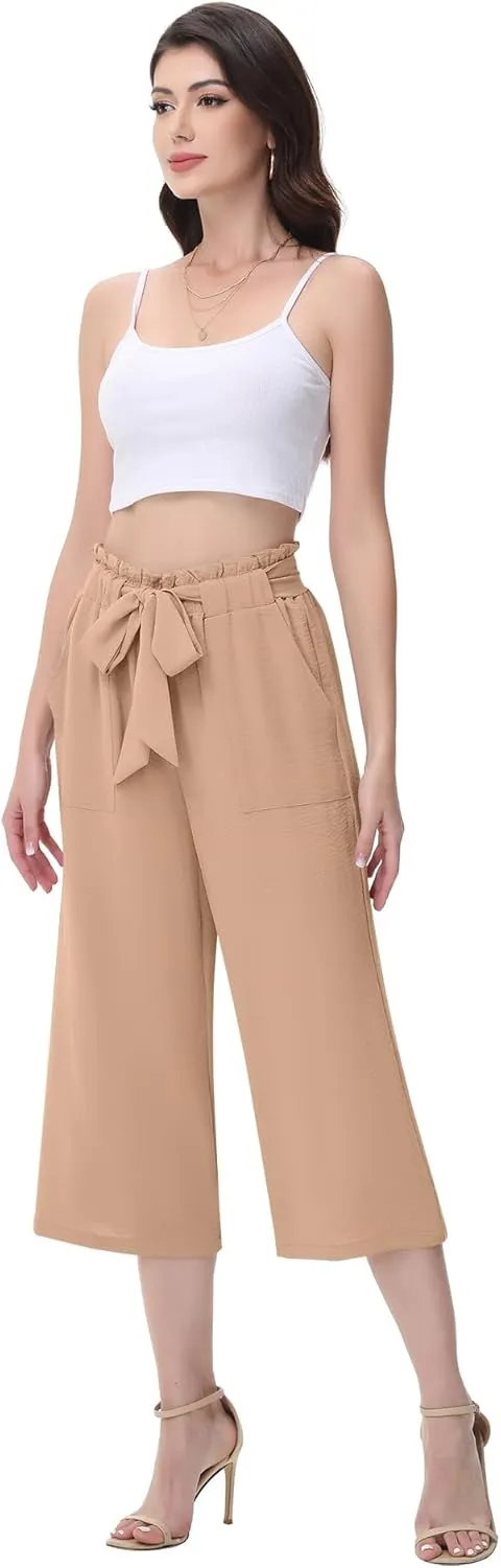 Women's Wide Leg Pants Capris Pants High Waist Casual Lounge Pants Adjustable Tie Business Casual Pants