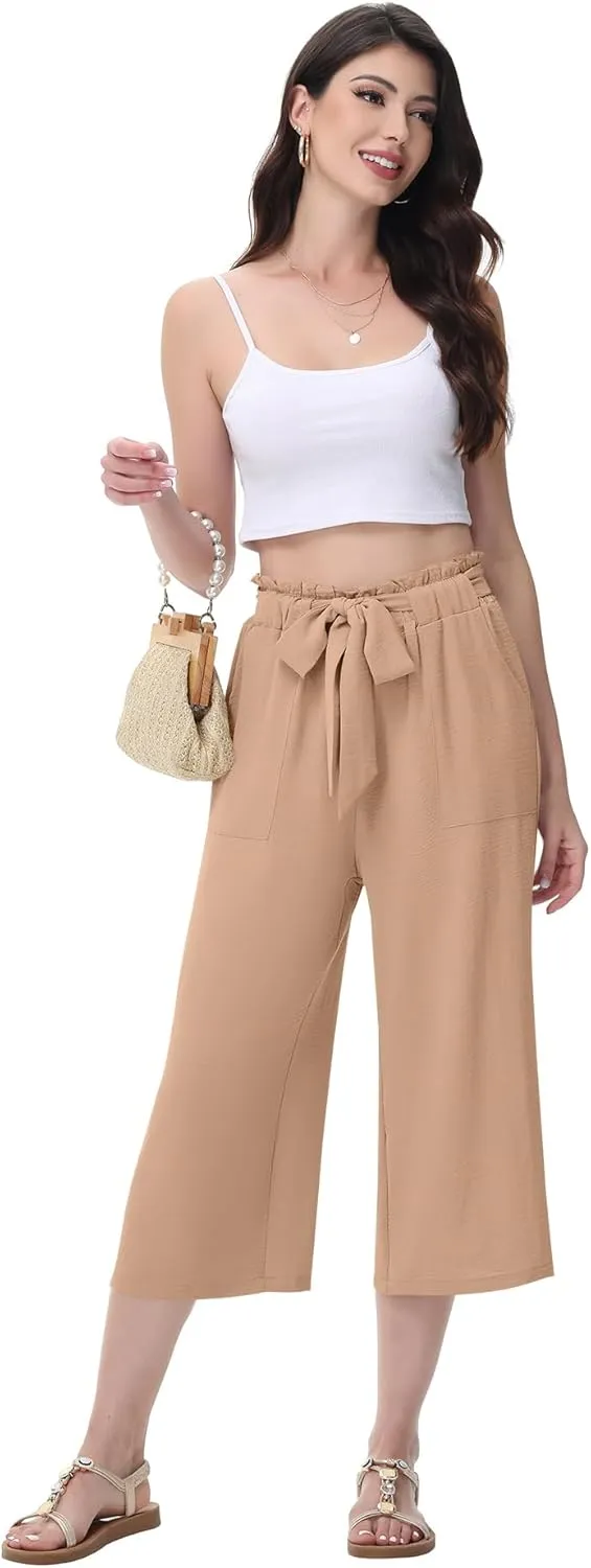 Women's Wide Leg Pants Capris Pants High Waist Casual Lounge Pants Adjustable Tie Business Casual Pants