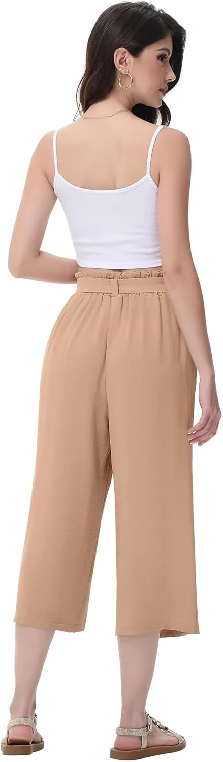 Women's Wide Leg Pants Capris Pants High Waist Casual Lounge Pants Adjustable Tie Business Casual Pants