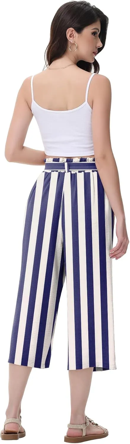 Women's Wide Leg Pants Capris Pants High Waist Casual Lounge Pants Adjustable Tie Business Casual Pants