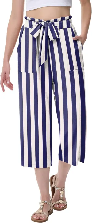 Women's Wide Leg Pants Capris Pants High Waist Casual Lounge Pants Adjustable Tie Business Casual Pants