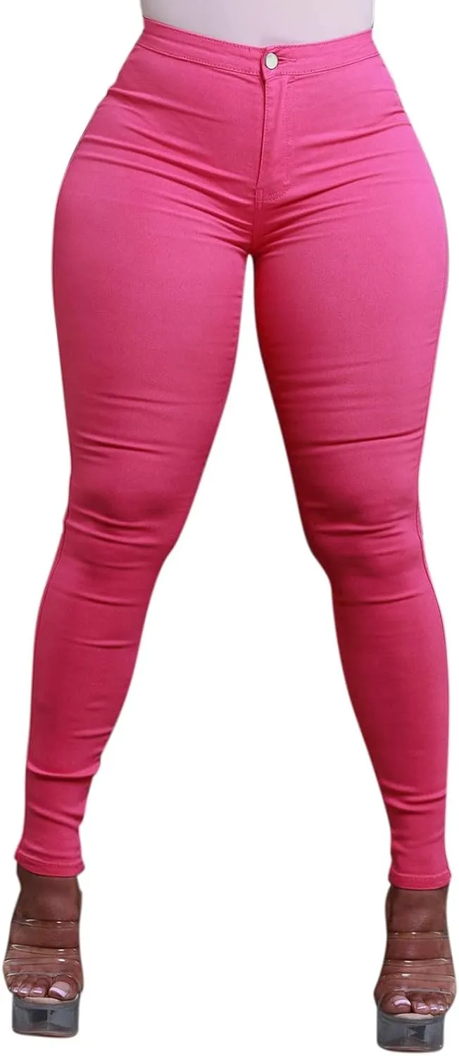 XOWRTE Women Sexy Tighting Jeans High Waisted-Rise Colored Stretch Skinny Pant Push Up Butt Lifting Skinny Colombian Jeans Pink