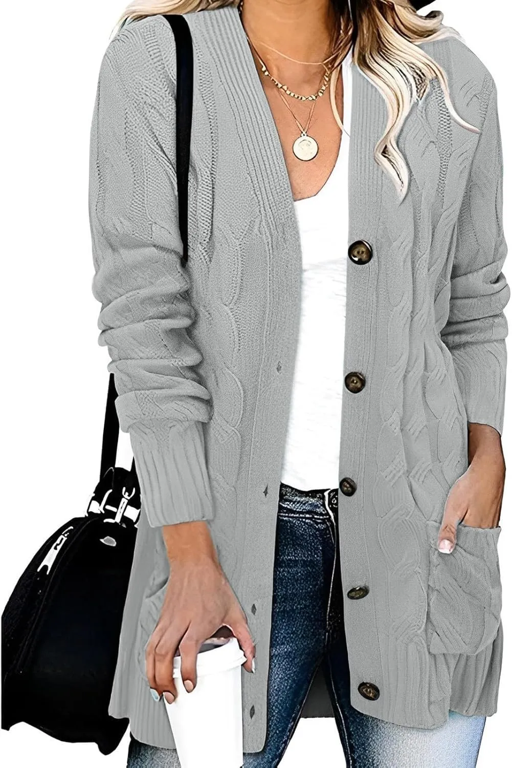 XUNRYAN Womens Sweaters Cardigan Dressy Buttons Chunky Knit Sweater Jackets Cable Knit Shawl Wraps Robes Outwear Winter Coat