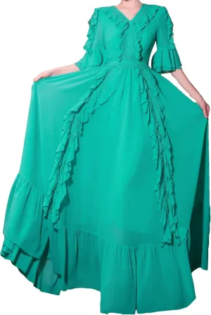Yeuyyben Women's Summer Long Maxi Dress V-Neck Ruffles Patchwork Flare Sleeves Party Vacation Robes