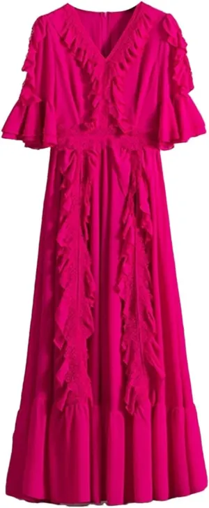 Yeuyyben Women's Summer Long Maxi Dress V-Neck Ruffles Patchwork Flare Sleeves Party Vacation Robes