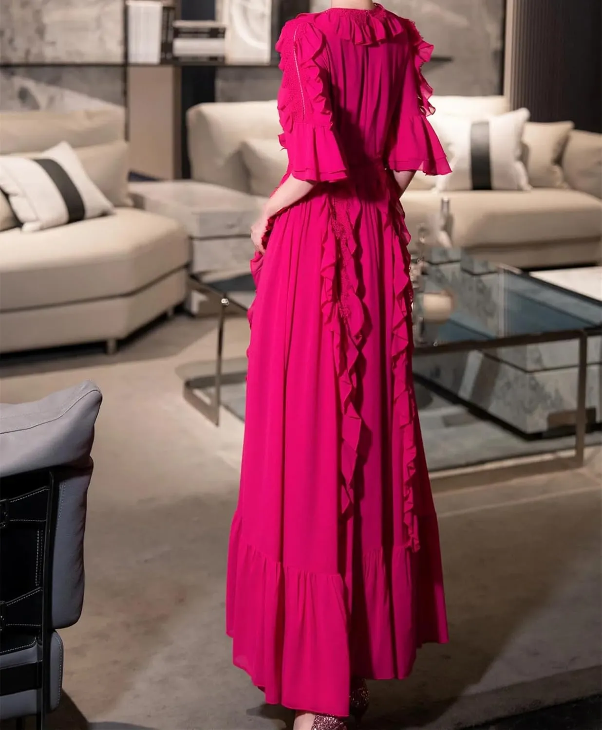 Yeuyyben Women's Summer Long Maxi Dress V-Neck Ruffles Patchwork Flare Sleeves Party Vacation Robes