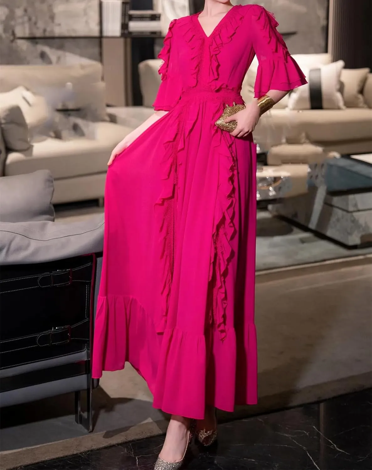 Yeuyyben Women's Summer Long Maxi Dress V-Neck Ruffles Patchwork Flare Sleeves Party Vacation Robes