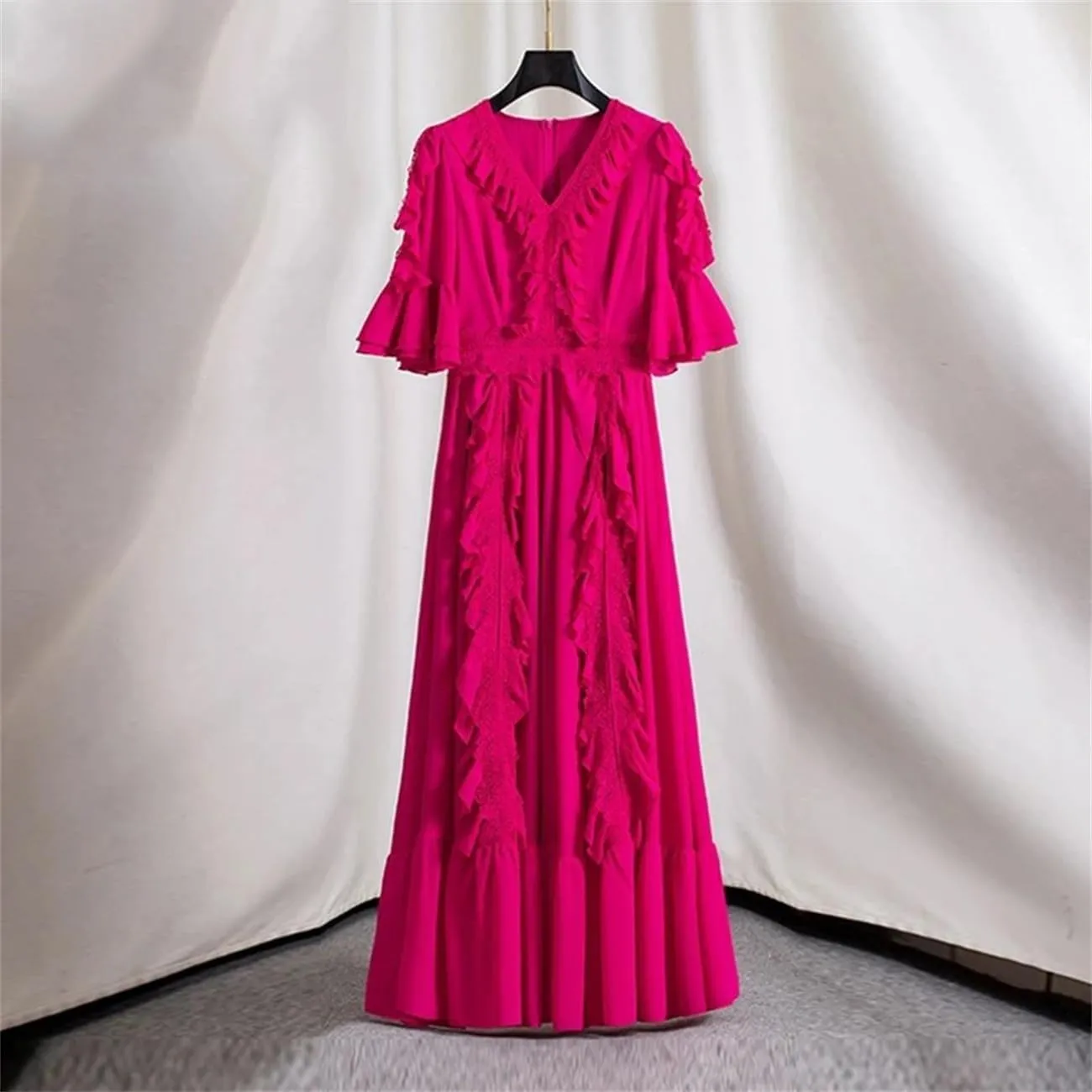 Yeuyyben Women's Summer Long Maxi Dress V-Neck Ruffles Patchwork Flare Sleeves Party Vacation Robes