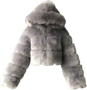 YRAETENM Women Fluffy Faux Fur Coat Cropped Zip up Thicken Bubble Coats Warm Long Sleeve Winter Teddy Jackets with Fuzzy Hood