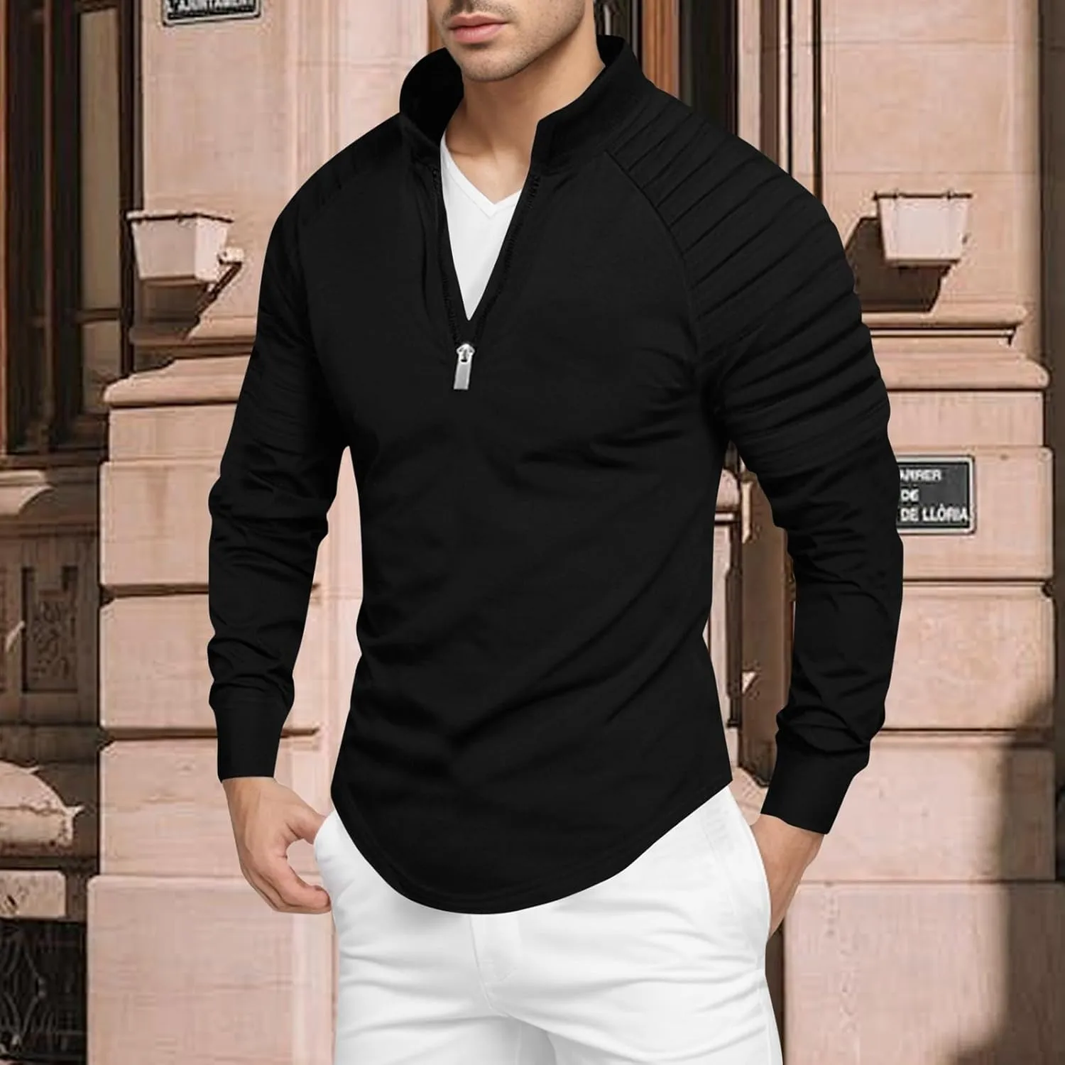 Zipper Shirts for Men's Slim Fit Shirt Casual Stretch Shoulder Pleated Zip Shirt T Shirt Pack Men Mens Shirts