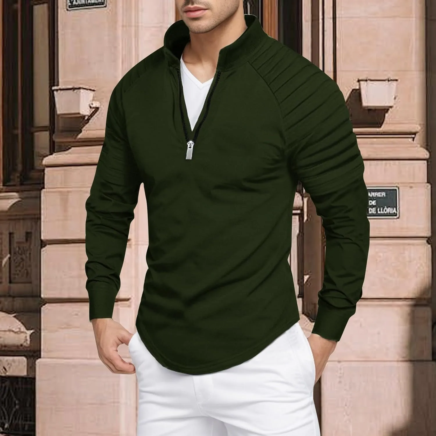Zipper Shirts for Men's Slim Fit Shirt Casual Stretch Shoulder Pleated Zip Shirt T Shirt Pack Men Mens Shirts