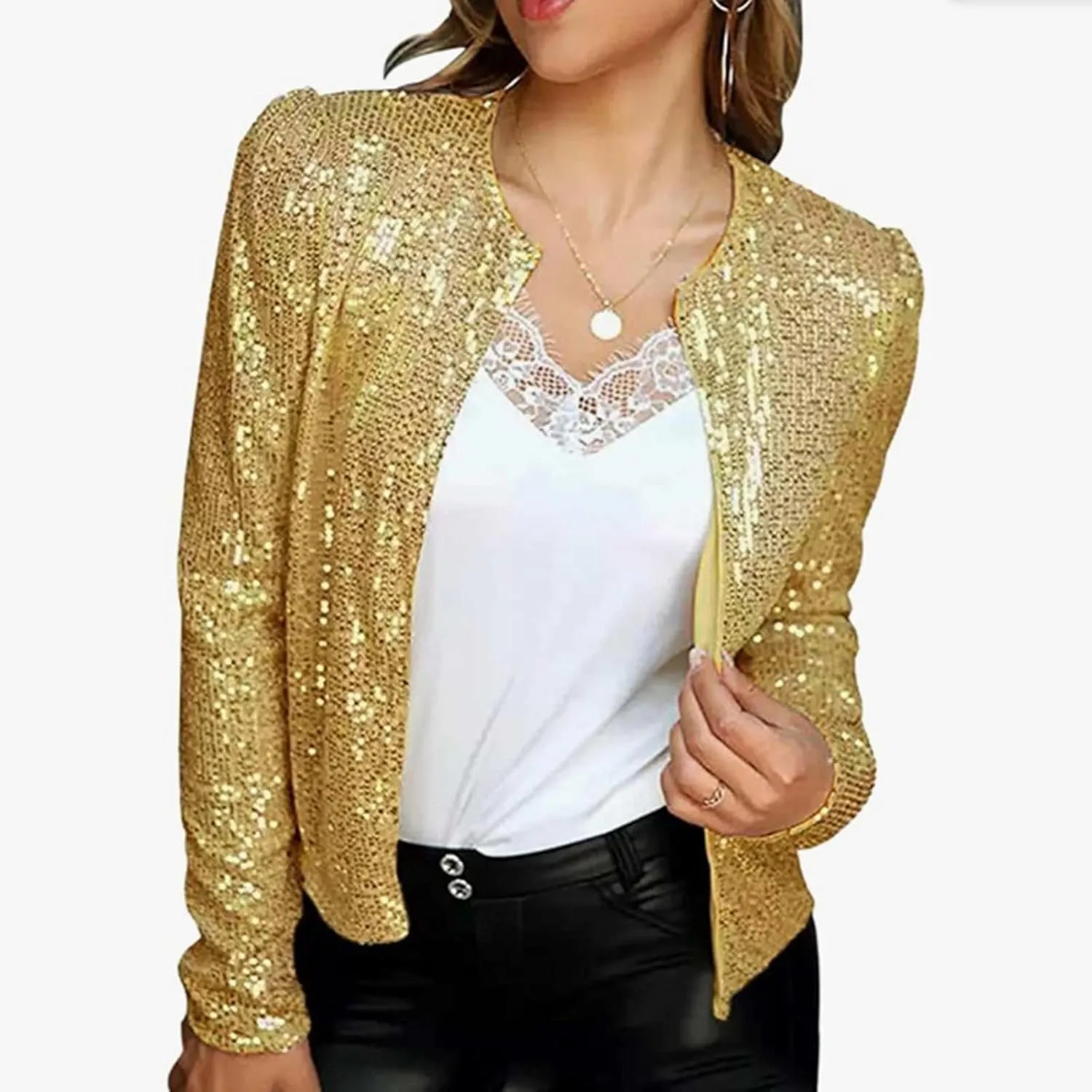 ZYXTIM Women's Open Front Sequin Jacket Plus Size Long Sleeve Cropped Blazer Jacket Sparkly Cardigan Coat for Club Party
