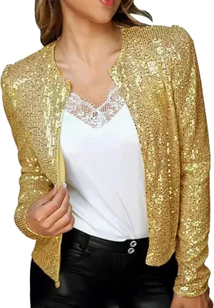 ZYXTIM Women's Open Front Sequin Jacket Plus Size Long Sleeve Cropped Blazer Jacket Sparkly Cardigan Coat for Club Party